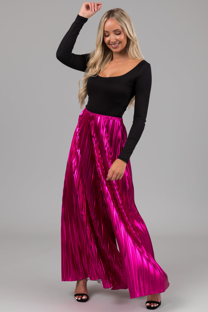 Magenta Metallic Pleated Flare High Waist Pants