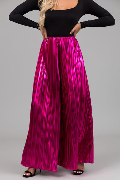 Magenta Metallic Pleated Flare High Waist Pants