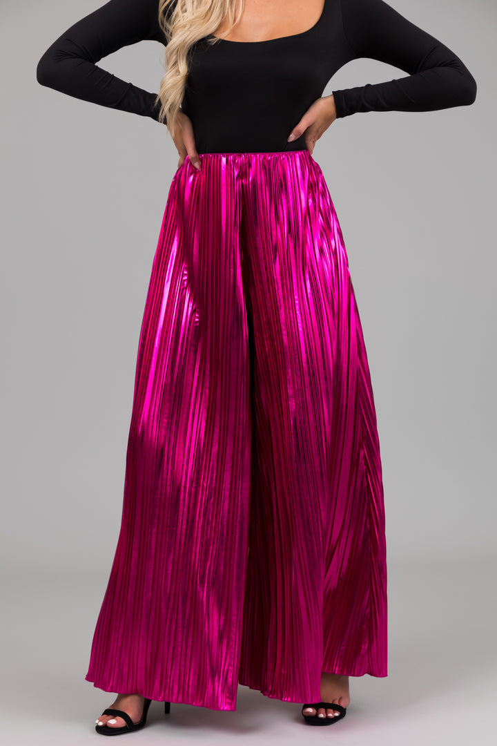 Magenta Metallic Pleated Flare High Waist Pants