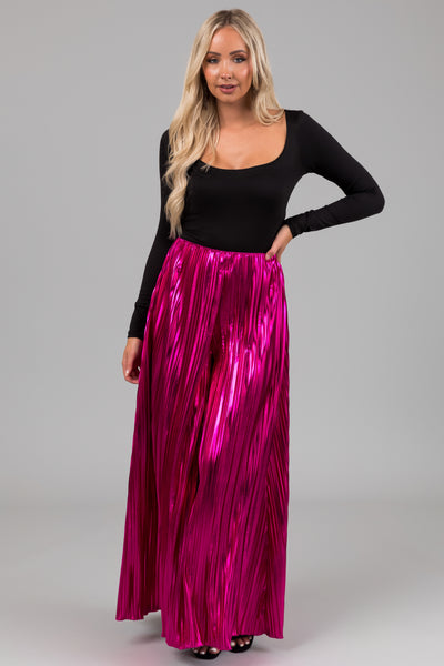 Magenta Metallic Pleated Flare High Waist Pants