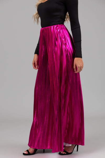 Magenta Metallic Pleated Flare High Waist Pants