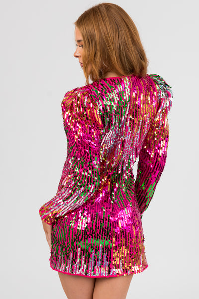 Magenta Multicolor Sequin Long Sleeve Mini Dress
