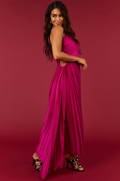 Magenta One Shoulder Side Cut Out Pleated Midi Dress