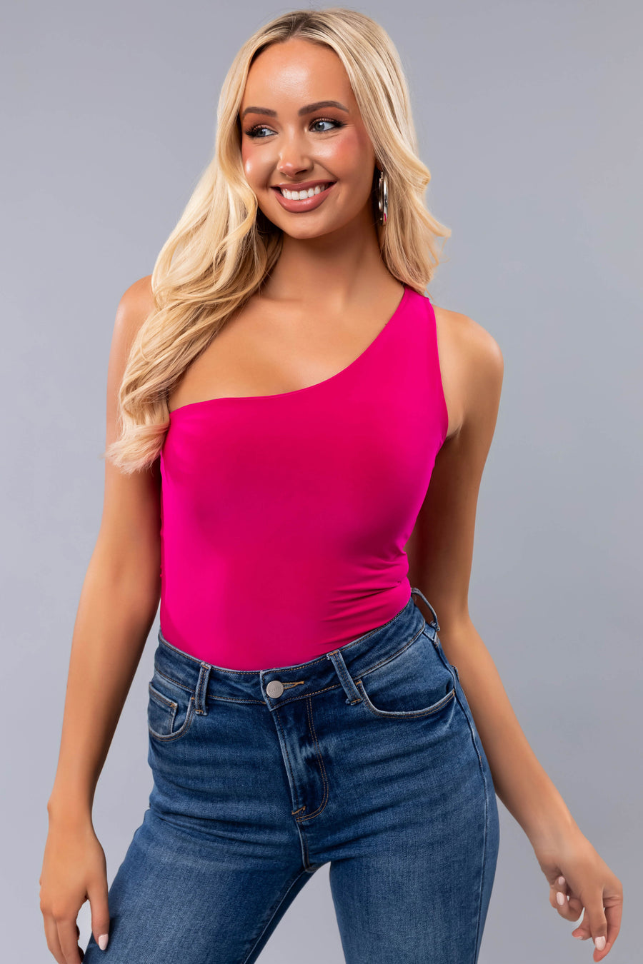 Magenta One Shoulder Stretchy Knit Bodysuit