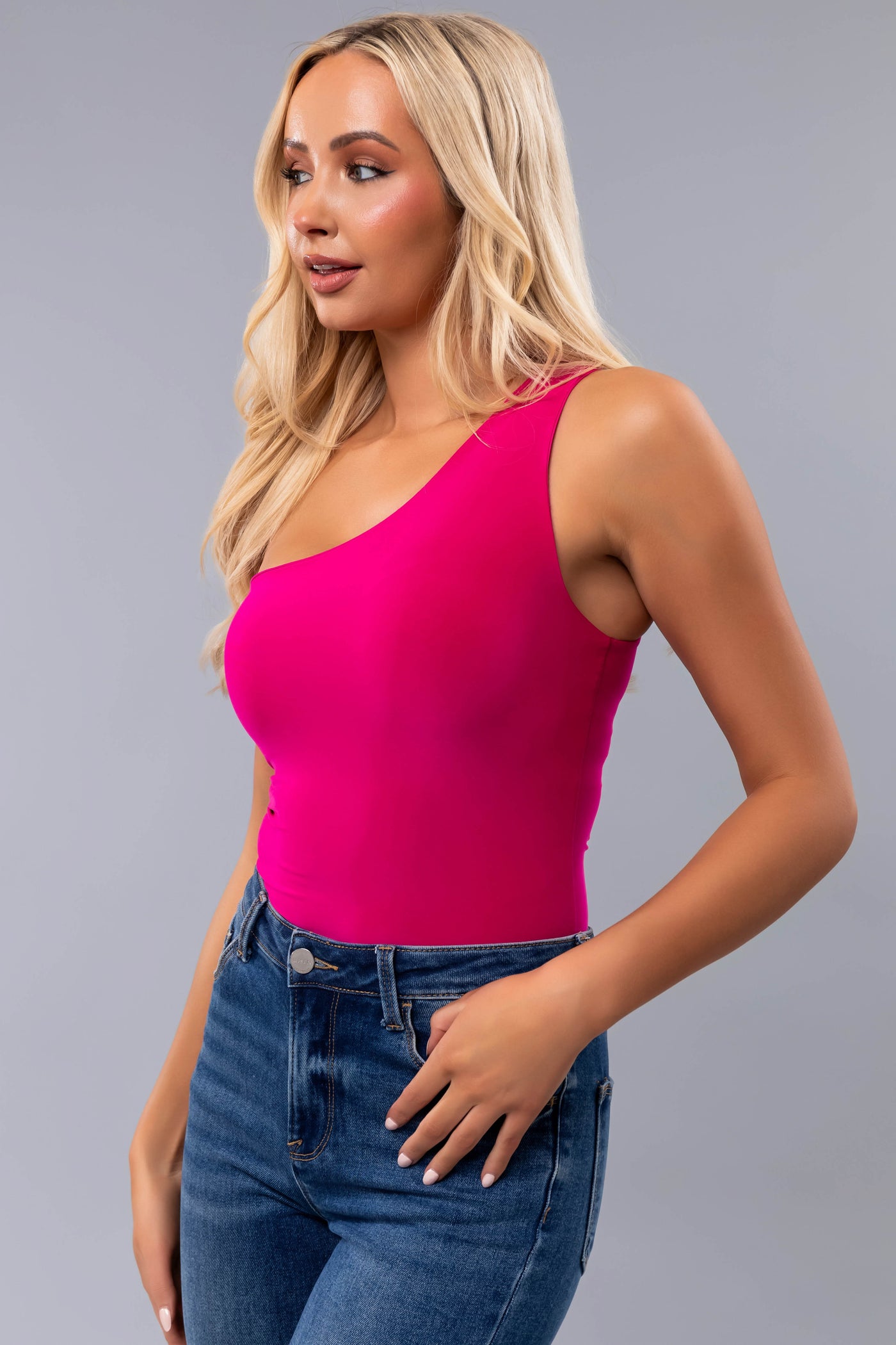 Magenta One Shoulder Stretchy Knit Bodysuit