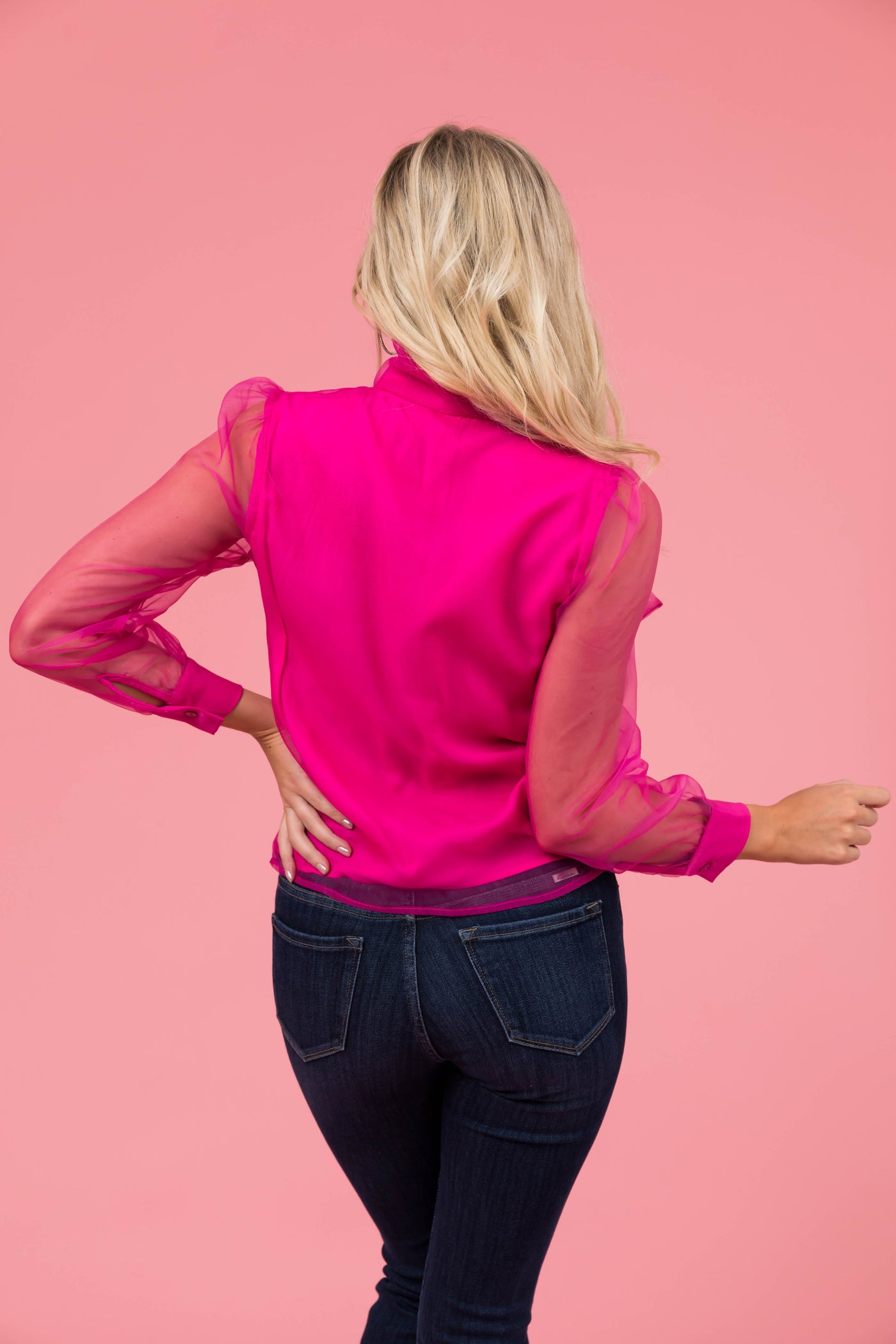 Magenta Organza Fabric Button Up Neck Tie Blouse