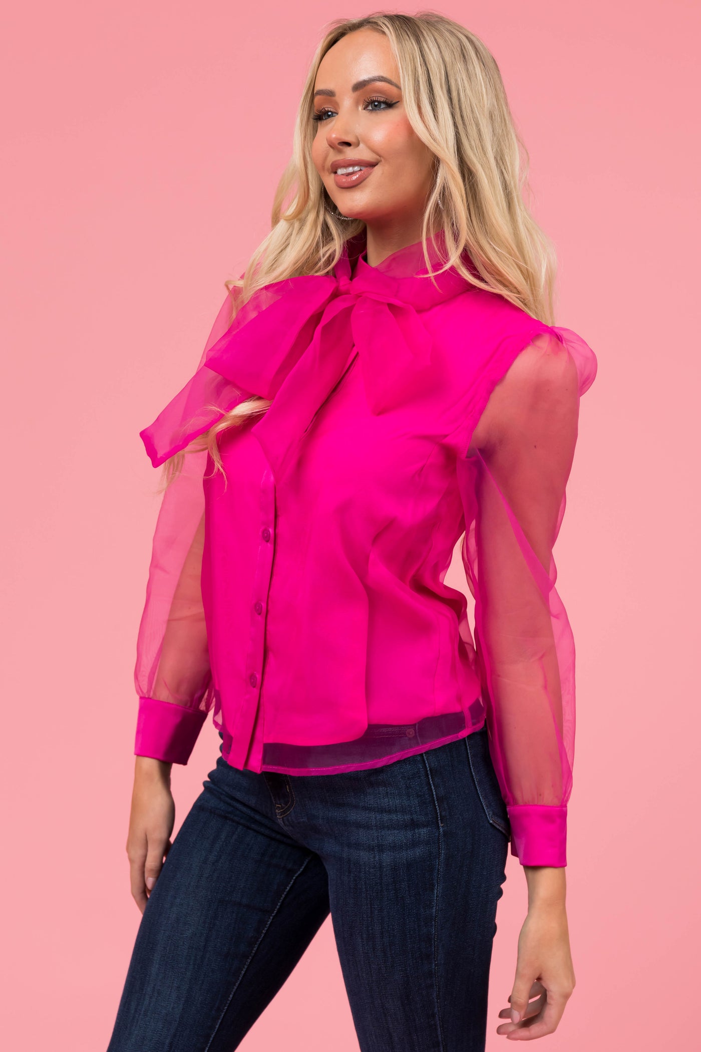 Magenta Organza Fabric Button Up Neck Tie Blouse