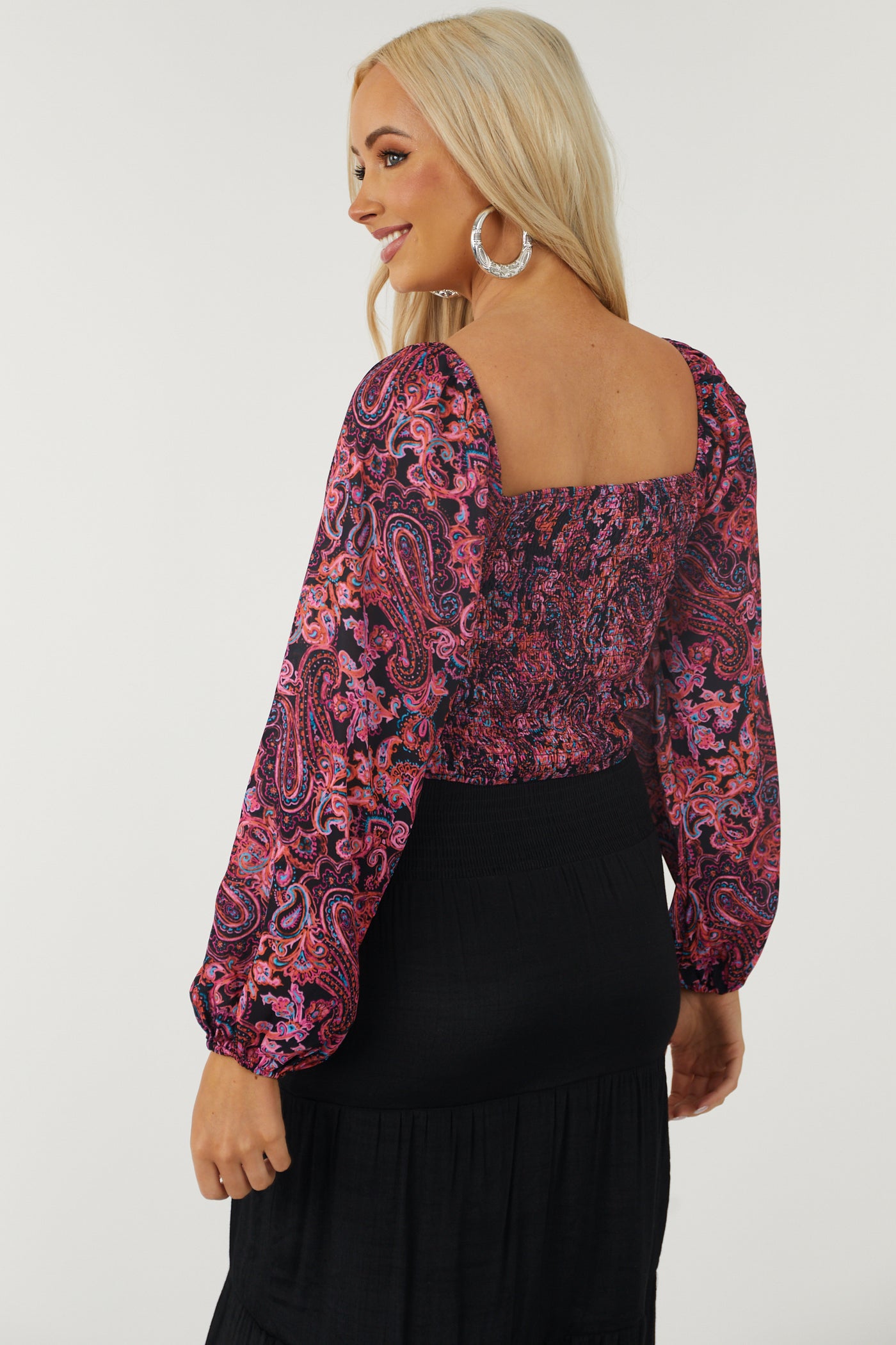 Magenta Paisley Ruched Puff Sleeve Crop Top