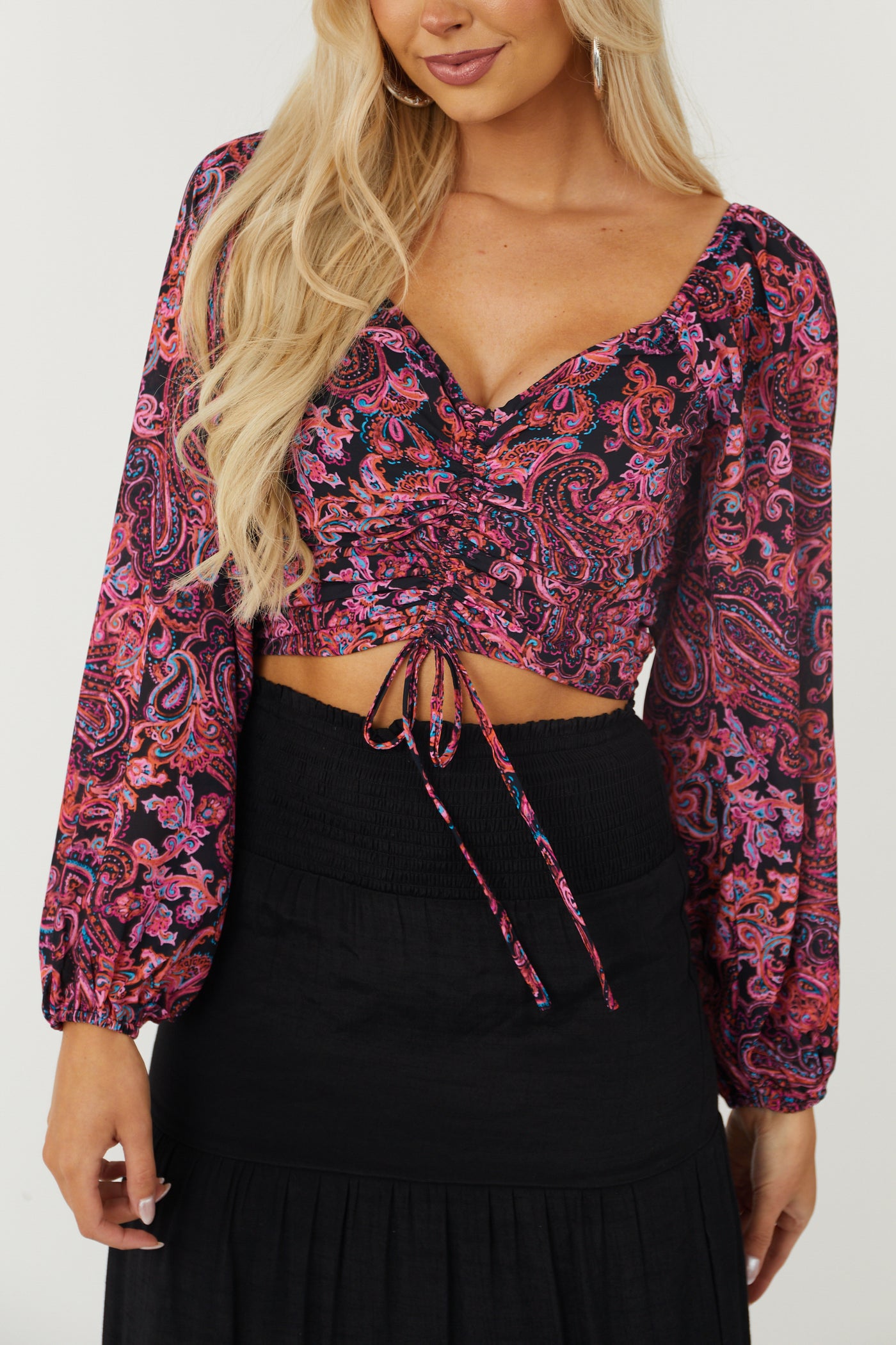 Magenta Paisley Ruched Puff Sleeve Crop Top