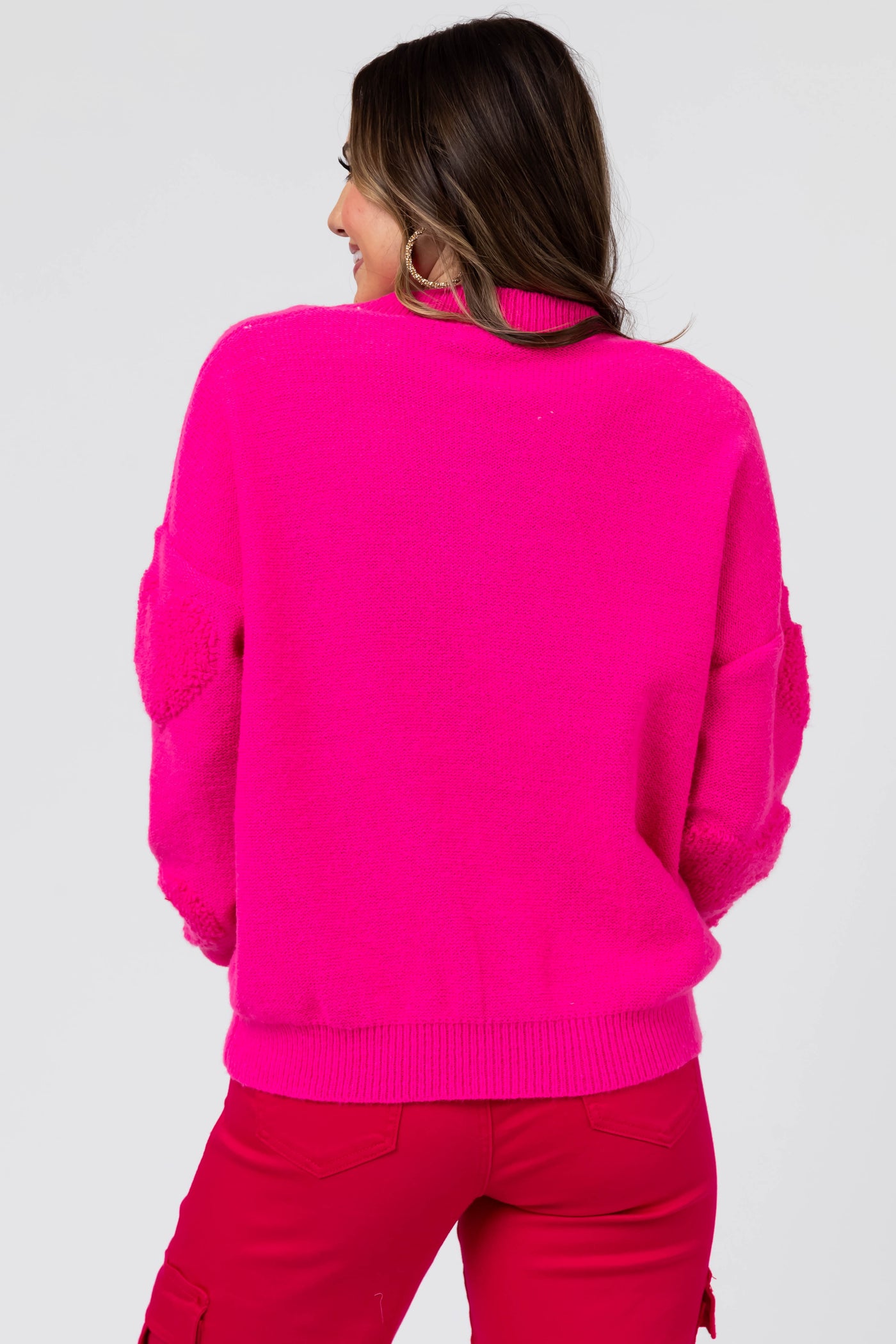 Magenta Pearl Embellished Heart Texture Sweater