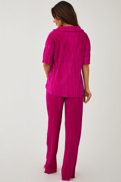 Magenta Pleated Collared Top and Pants Set