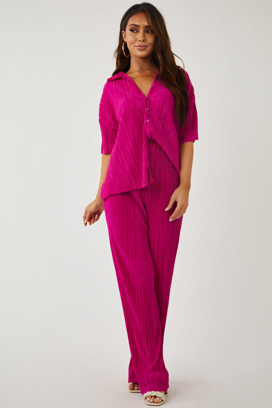 Magenta Pleated Collared Top and Pants Set