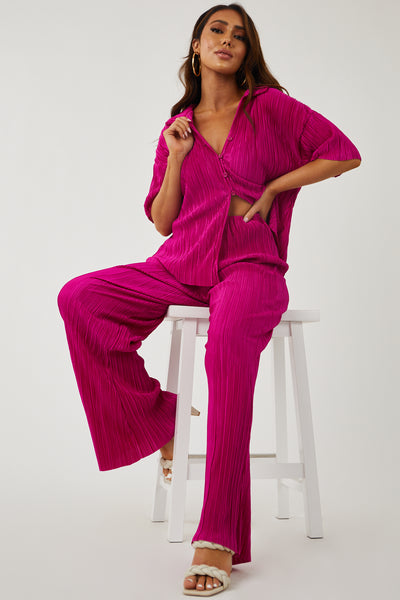 Magenta Pleated Collared Top and Pants Set