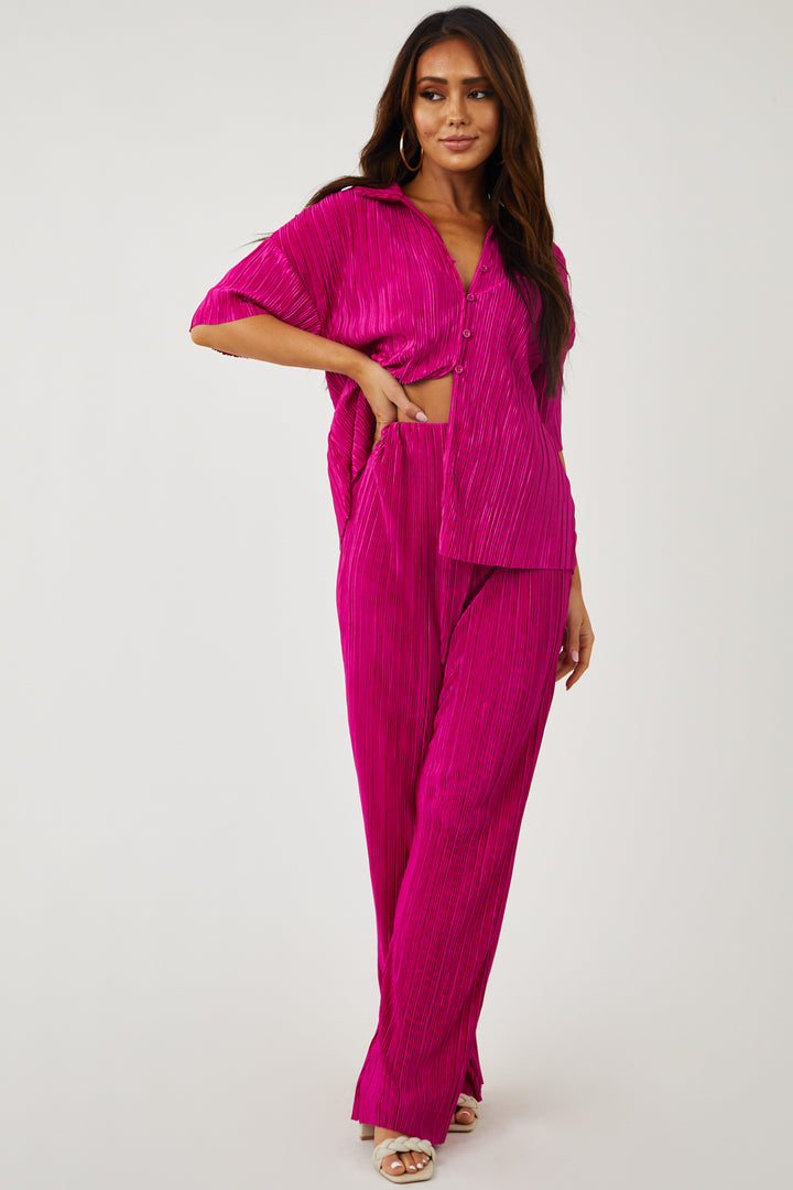 Magenta Pleated Collared Top and Pants Set