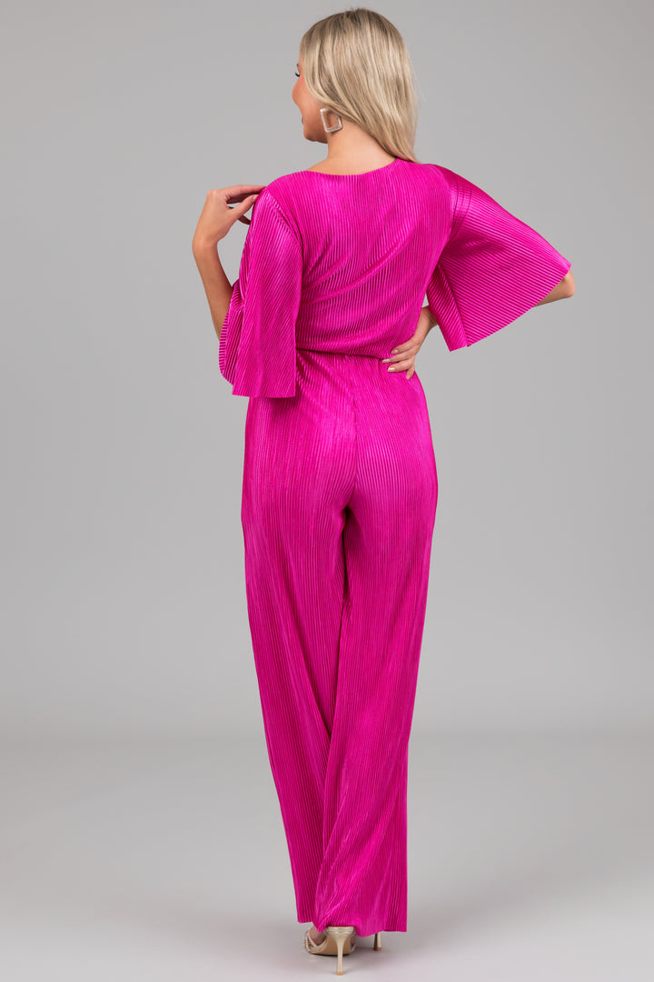 Magenta Plisse Surplice Tie Front Jumpsuit