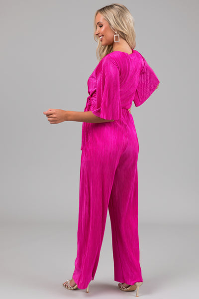 Magenta Plisse Surplice Tie Front Jumpsuit