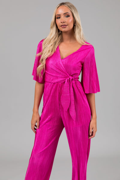 Magenta Plisse Surplice Tie Front Jumpsuit