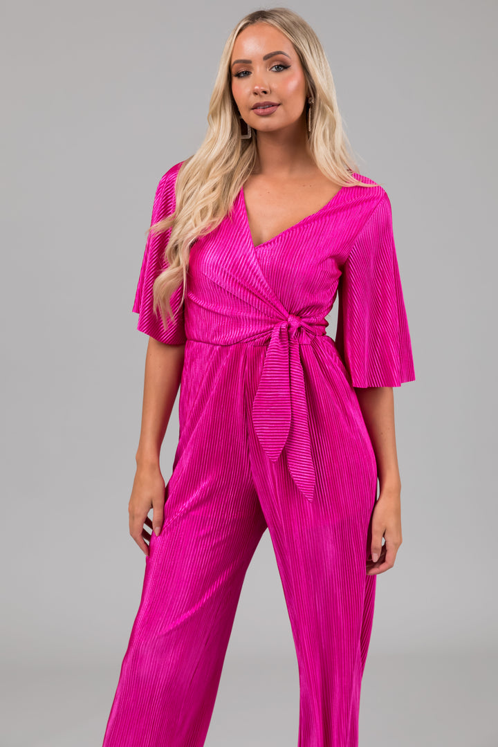 Magenta Plisse Surplice Tie Front Jumpsuit