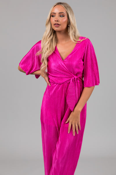 Magenta Plisse Surplice Tie Front Jumpsuit