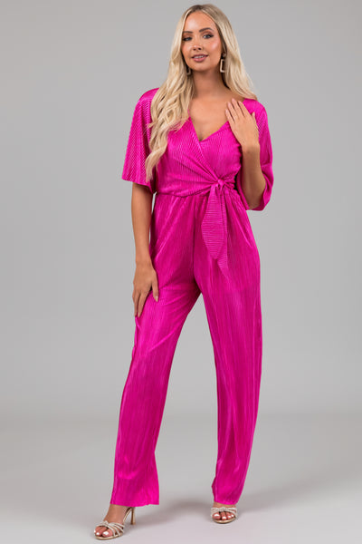 Magenta Plisse Surplice Tie Front Jumpsuit