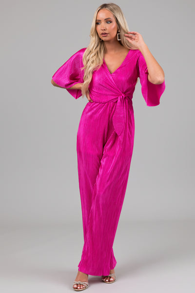 Magenta Plisse Surplice Tie Front Jumpsuit