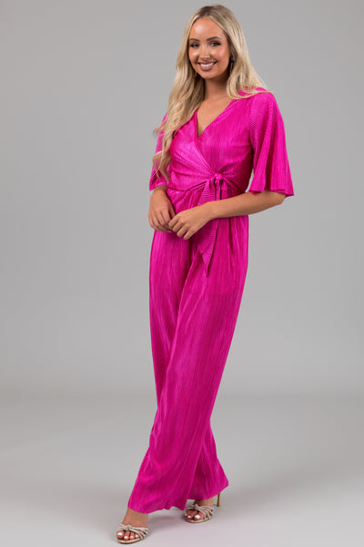 Magenta Plisse Surplice Tie Front Jumpsuit