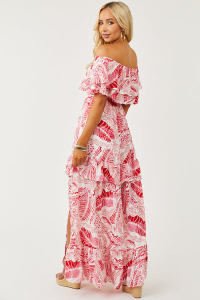 Magenta Printed Off Shoulder Tiered Maxi Dress