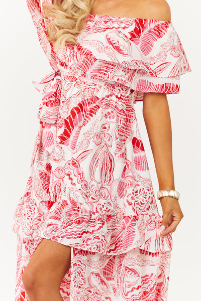 Magenta Printed Off Shoulder Tiered Maxi Dress