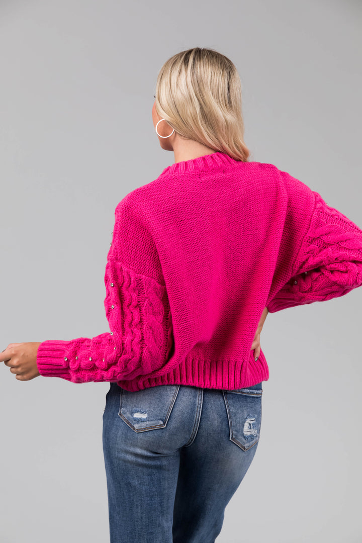Magenta Rhinestone Studded Cable Knit Sweater