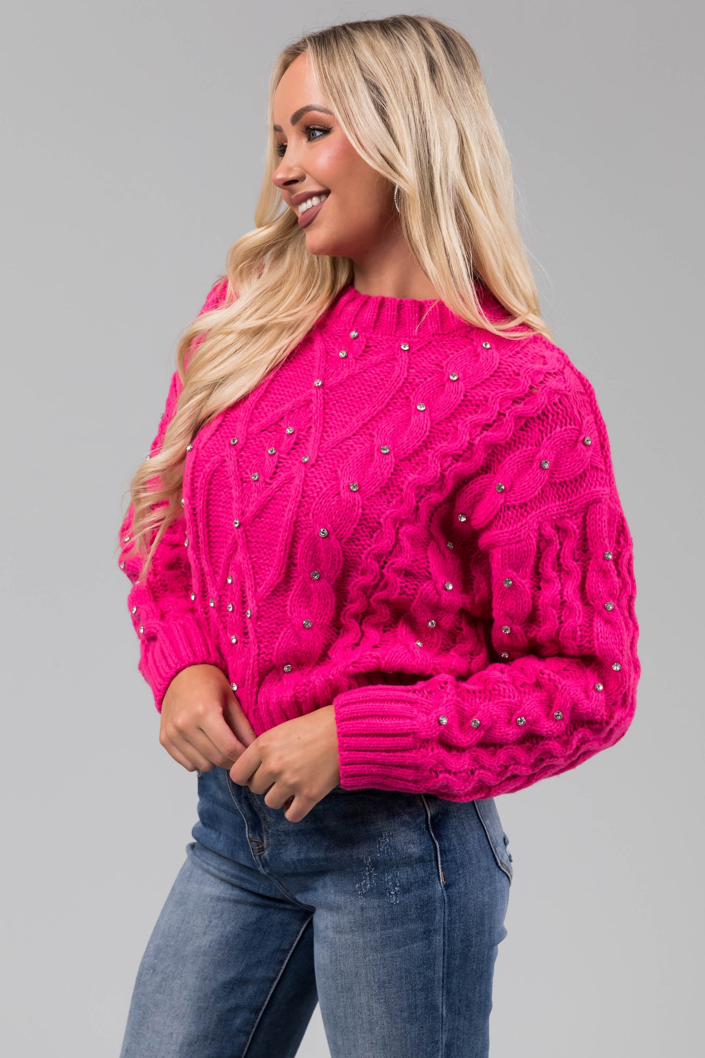 Magenta Rhinestone Studded Cable Knit Sweater