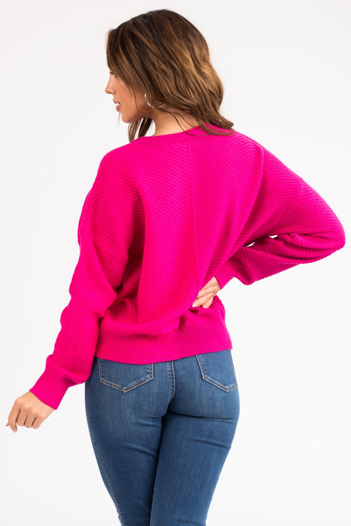 Magenta Ribbed Knit Crew Neck Sweater