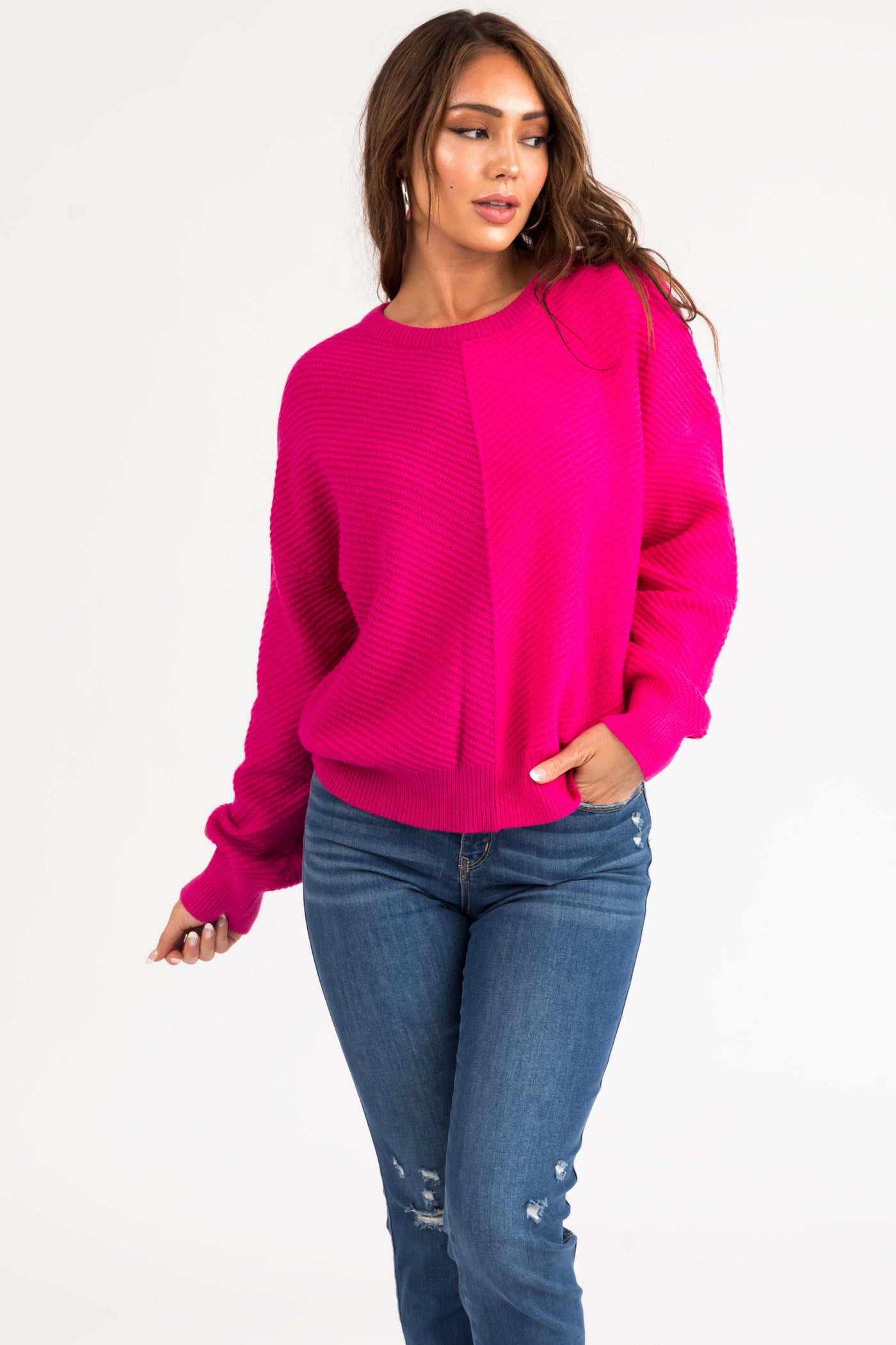 Magenta Ribbed Knit Crew Neck Sweater
