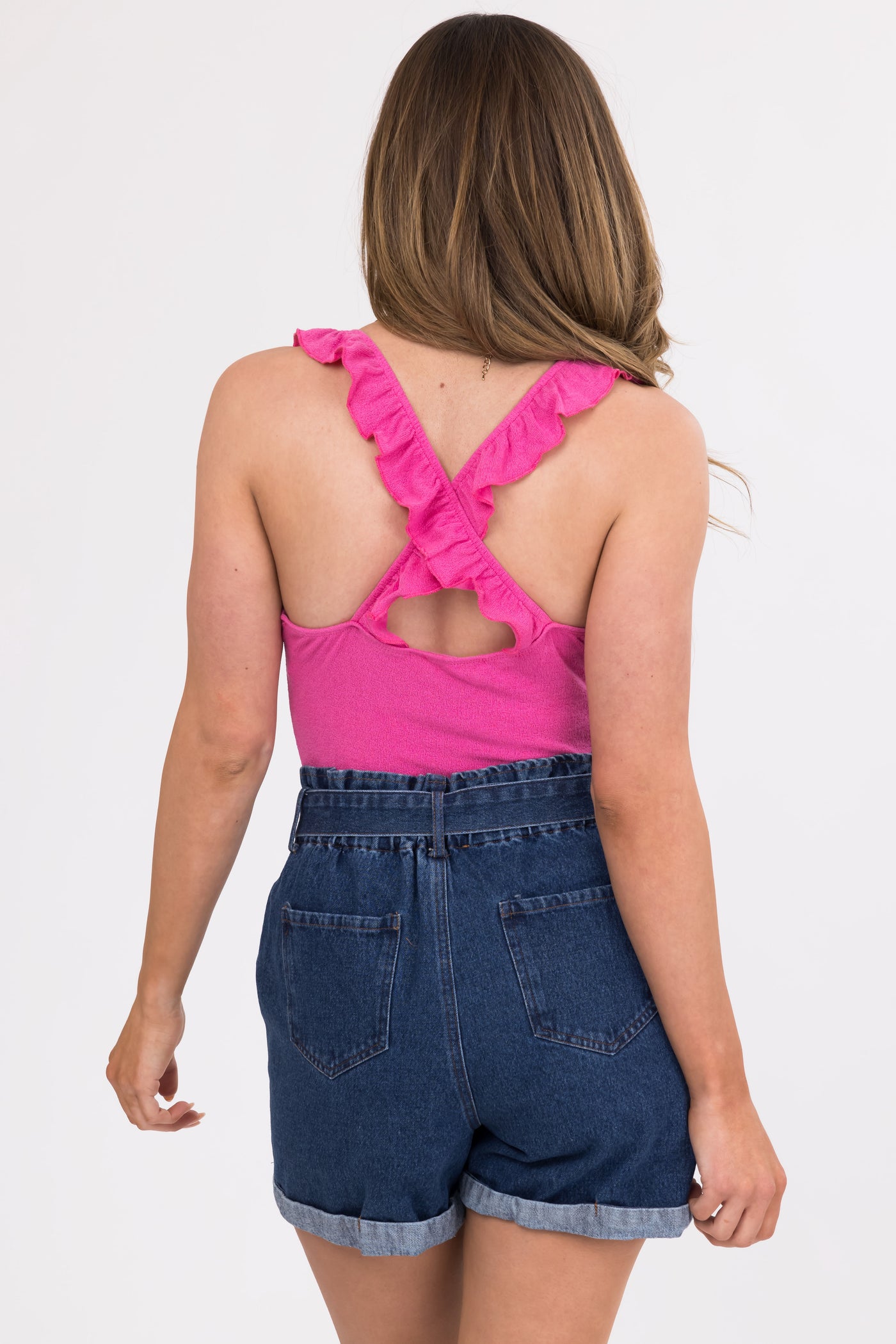 Magenta Ruffle Strap Cross Back Knit Bodysuit