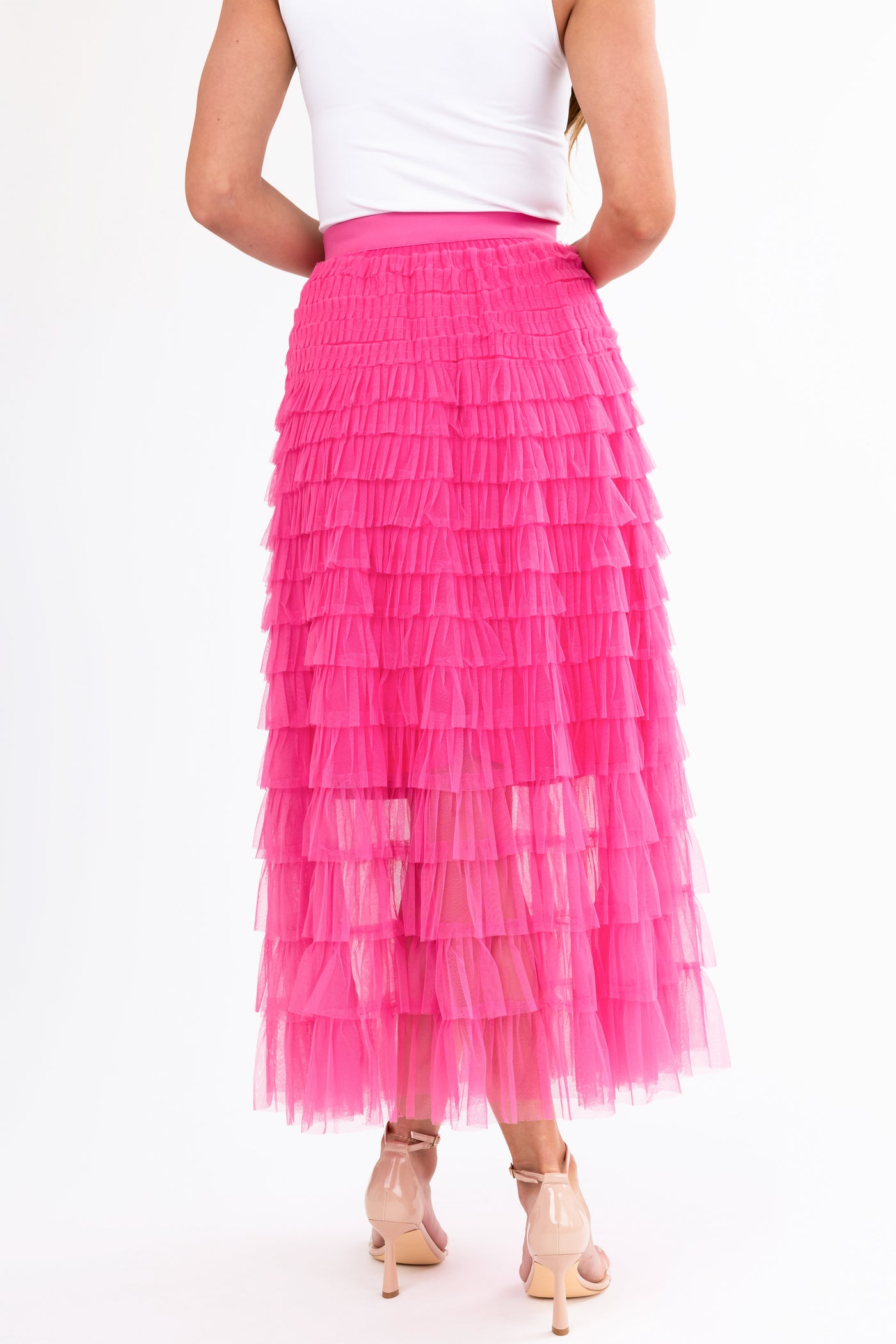 Magenta Ruffle Tulle Elastic Maxi Skirt