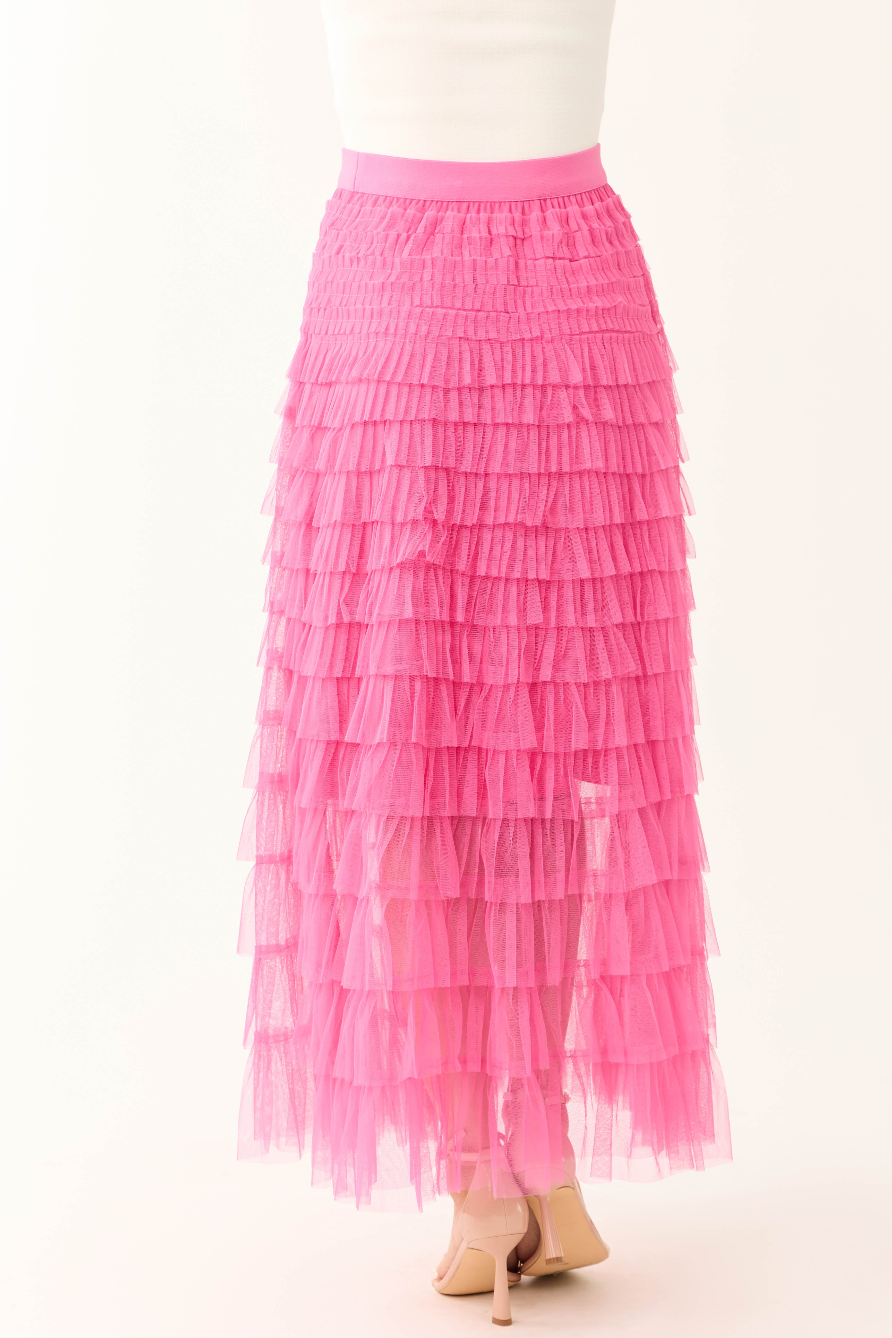 Magenta Ruffle Tulle Elastic Maxi Skirt | Lime Lush Boutique