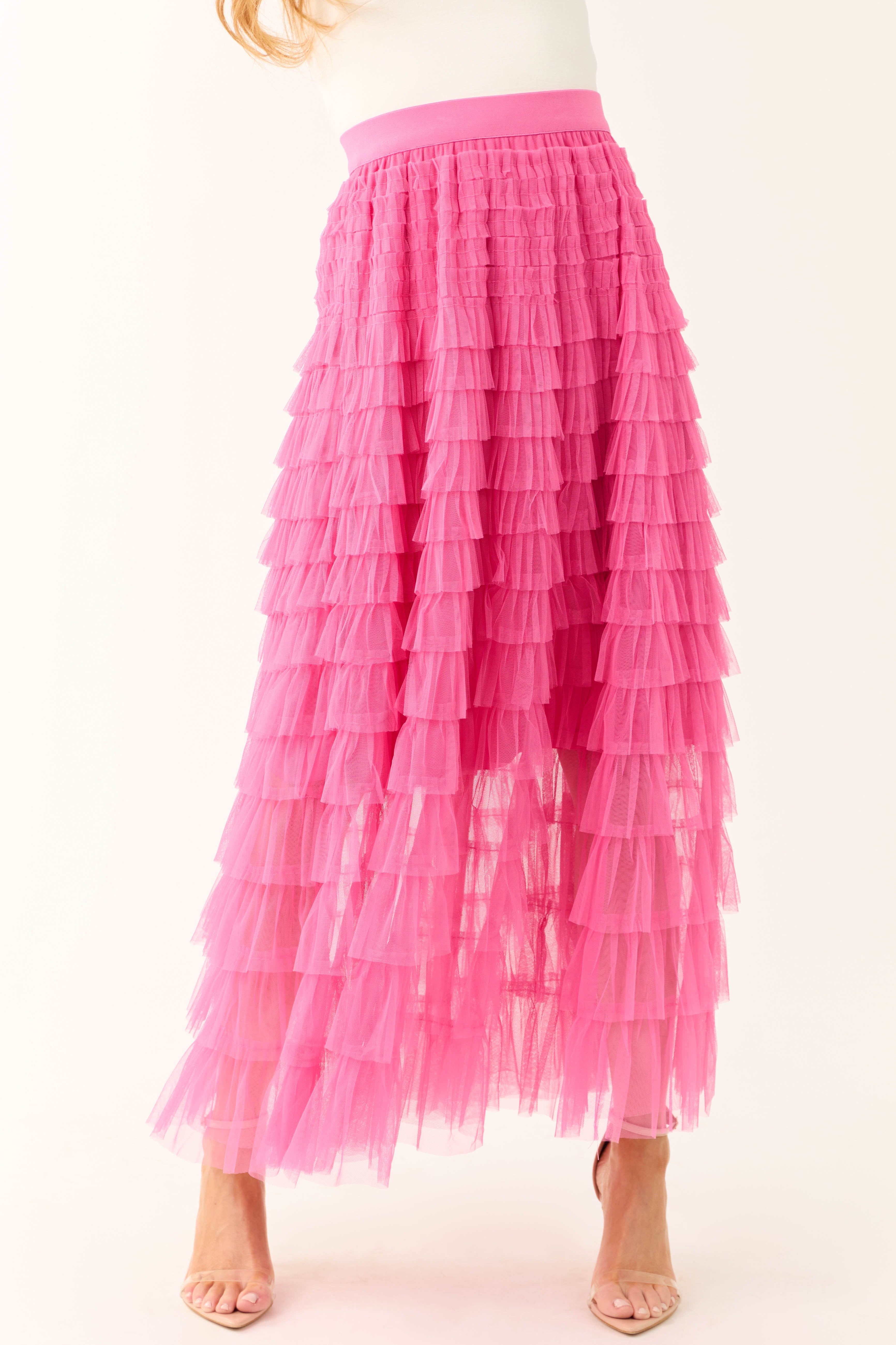 Magenta Ruffle Tulle Elastic Maxi Skirt | Lime Lush Boutique