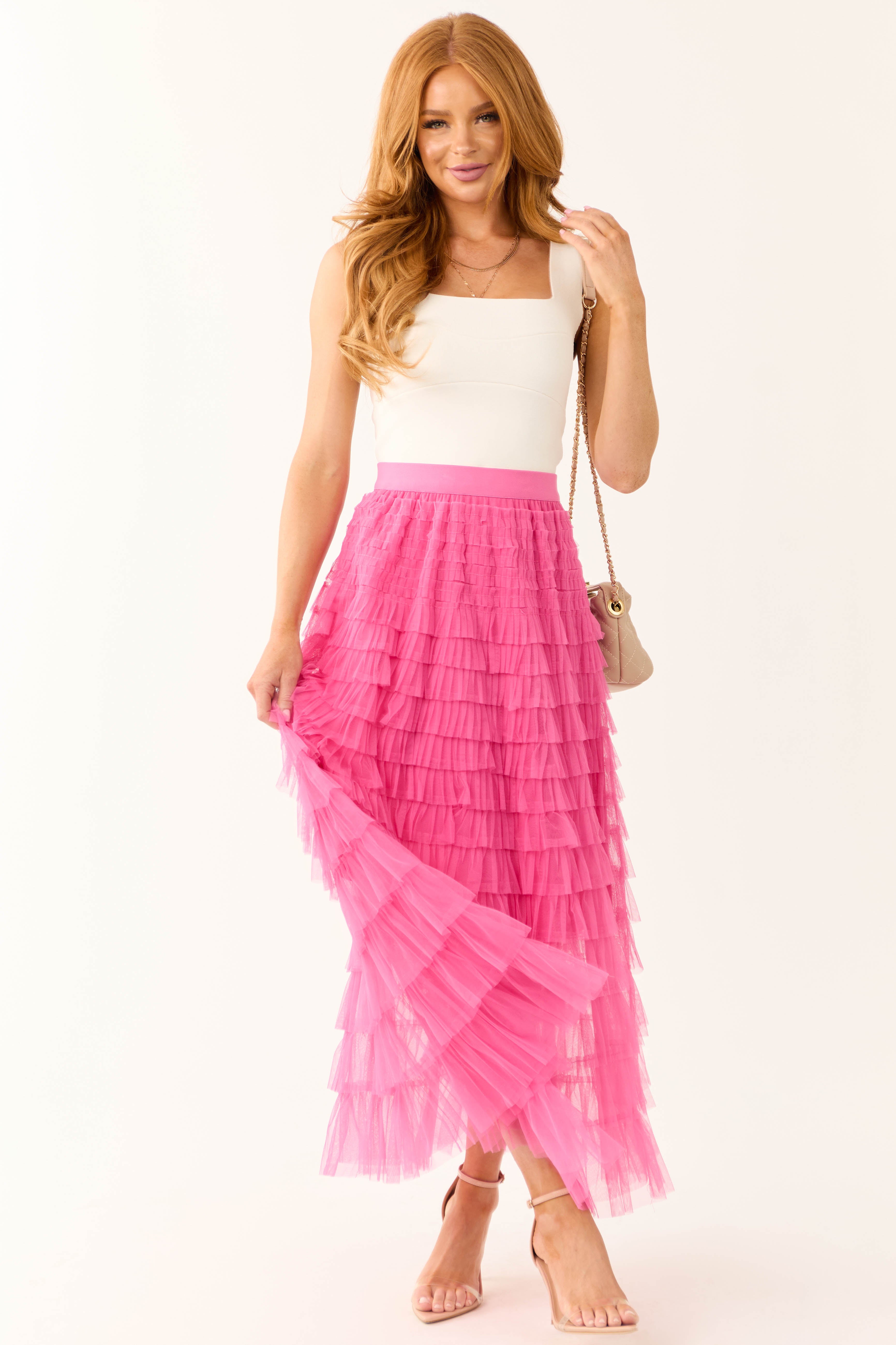 Magenta Ruffle Tulle Elastic Maxi Skirt | Lime Lush Boutique