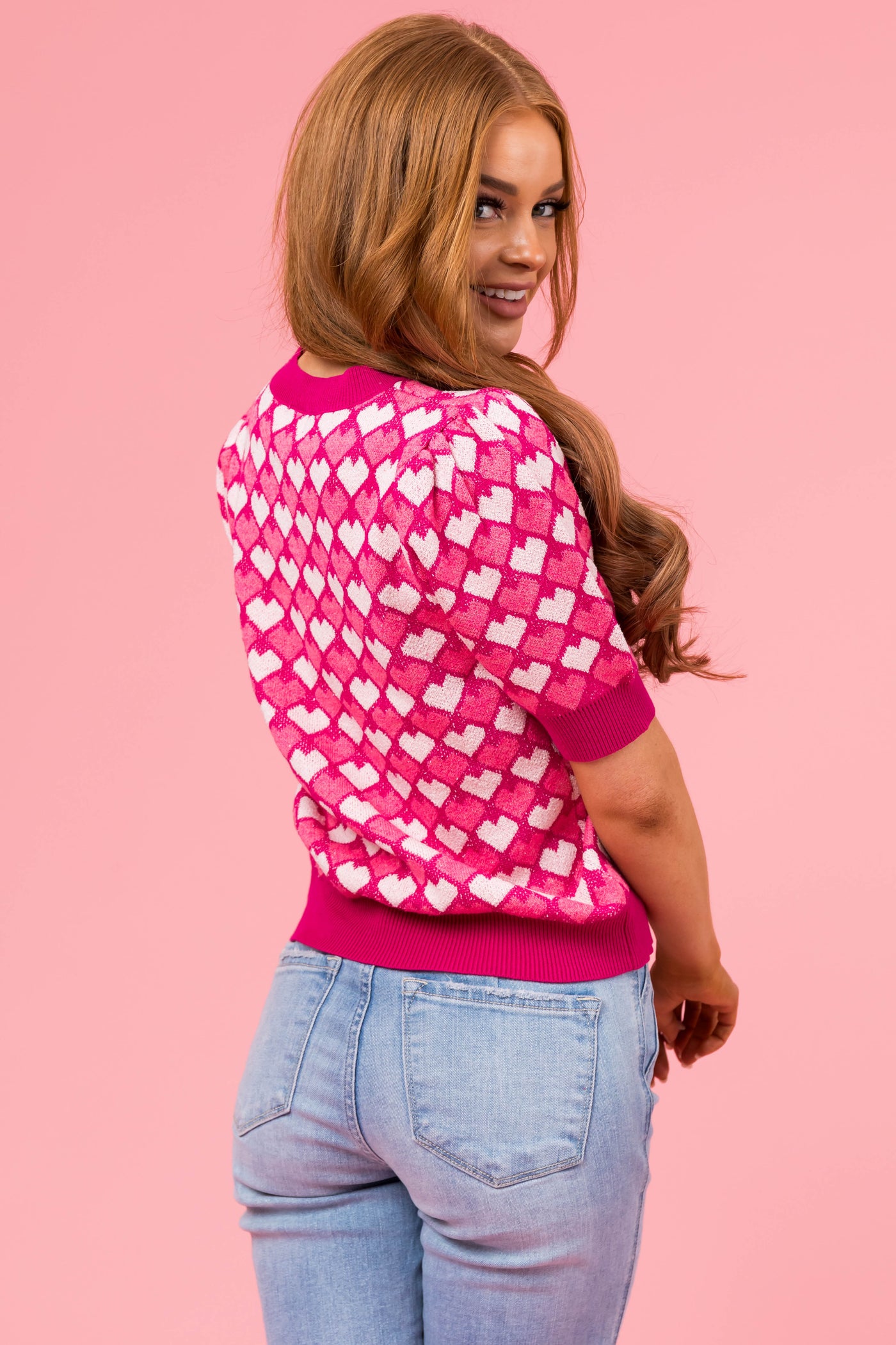 Magenta Short Sleeve Heart Print Sweater