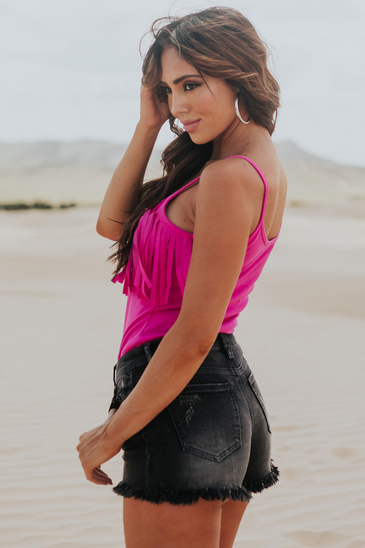 Magenta Sleeveless Bodysuit with Fringe
