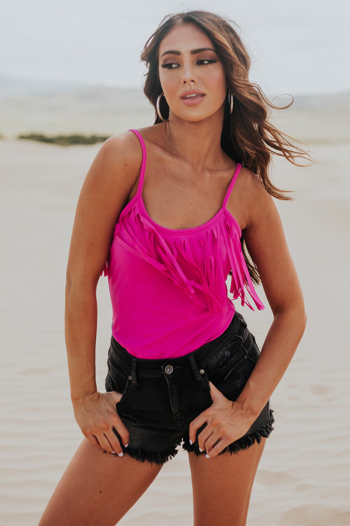 Magenta Sleeveless Bodysuit with Fringe