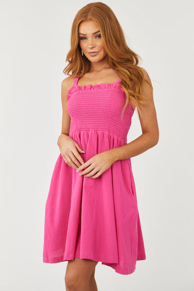 Magenta Smocked Criss Cross Back Woven Dress