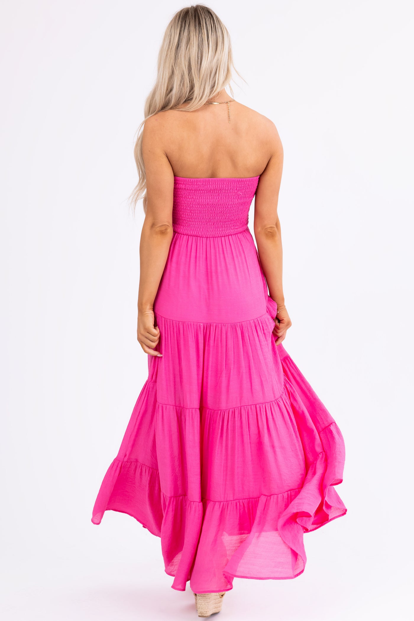 Magenta Strapless Smocked Top Tiered Maxi Dress