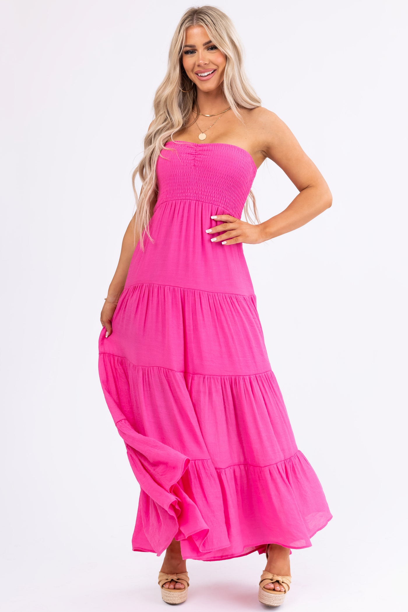 Magenta Strapless Smocked Top Tiered Maxi Dress