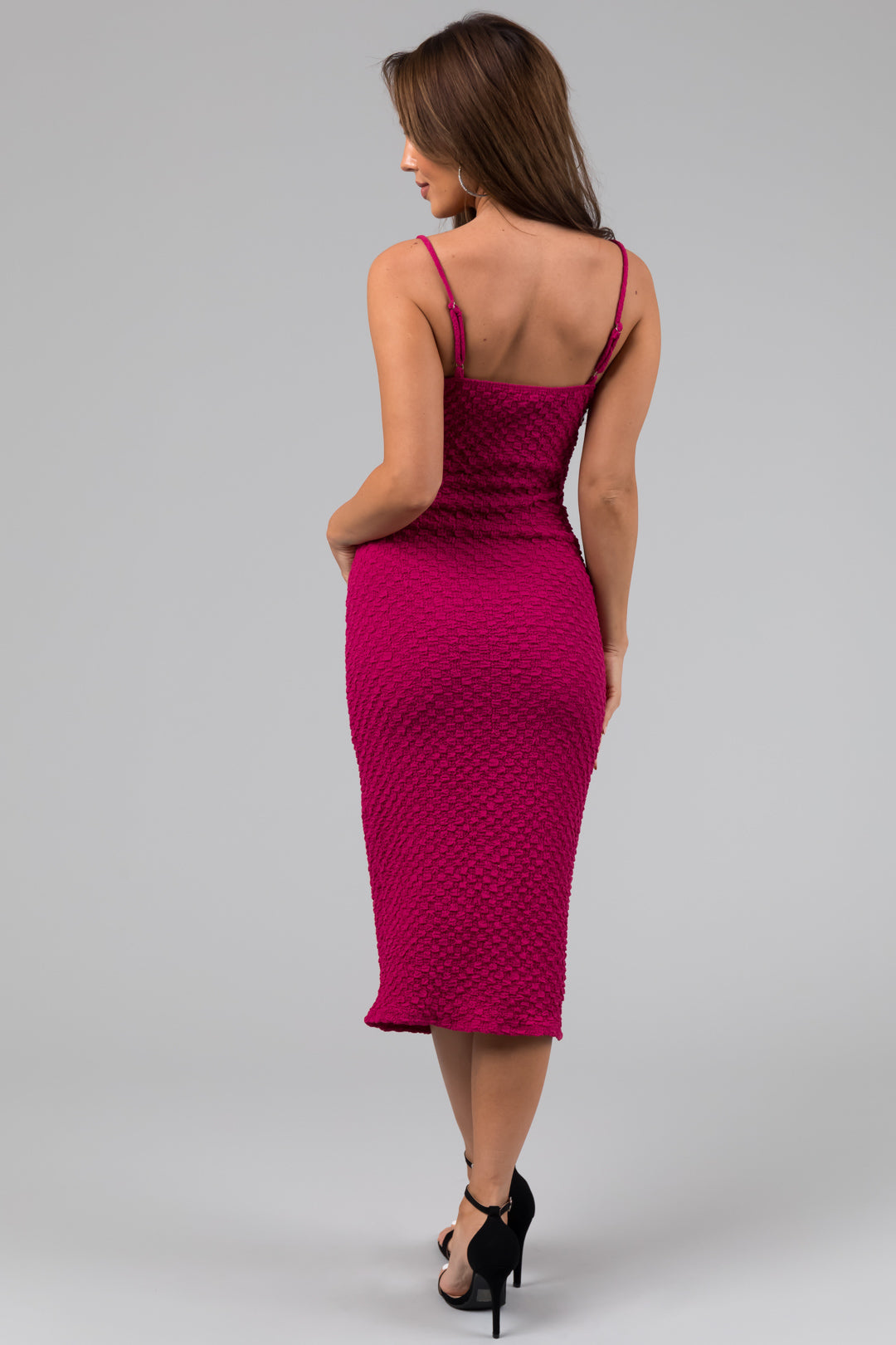 Magenta Textured Deep Sweetheart Neck Midi Dress