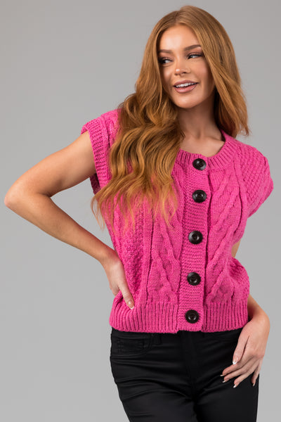 Magenta Thick Cable Knit Button Sweater Vest