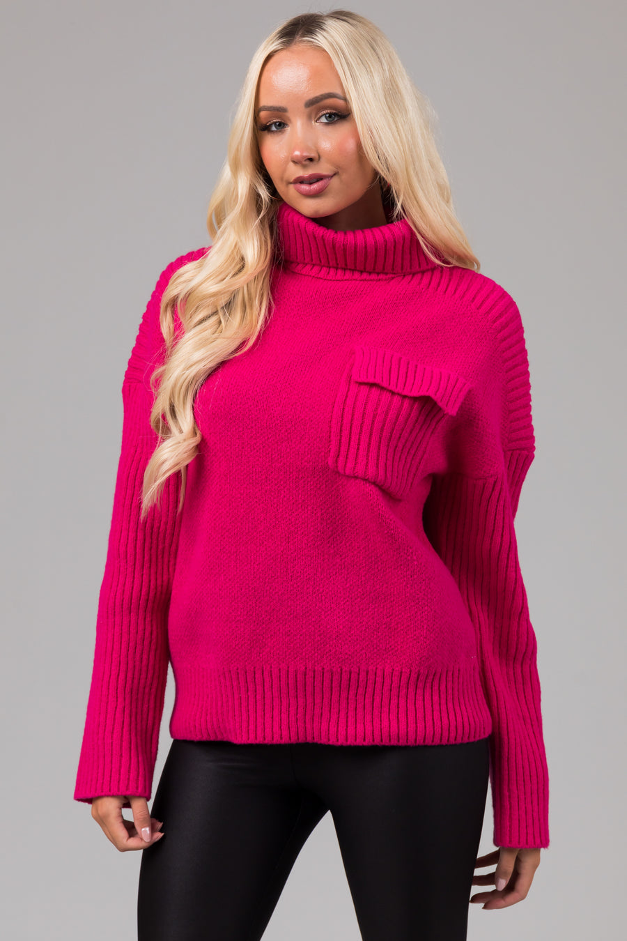 Magenta Thick Ribbed Knit Turtleneck Sweater