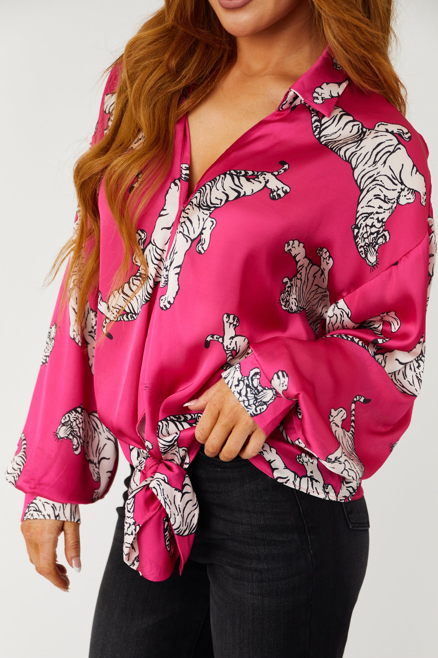 Magenta Tiger Printed Front Tie Satin Blouse