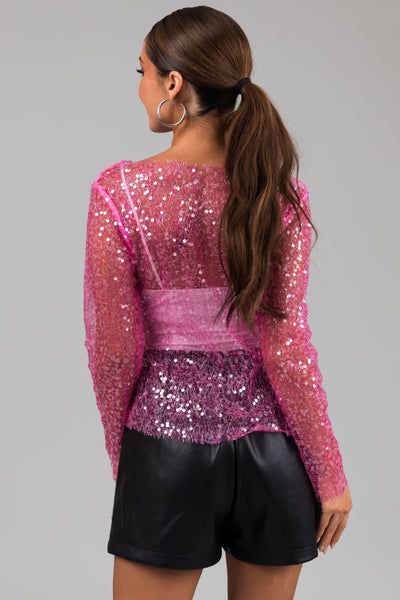 Magenta Tinsel and Sequin Long Sleeve Mesh Top