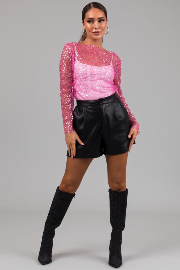 Magenta Tinsel and Sequin Long Sleeve Mesh Top