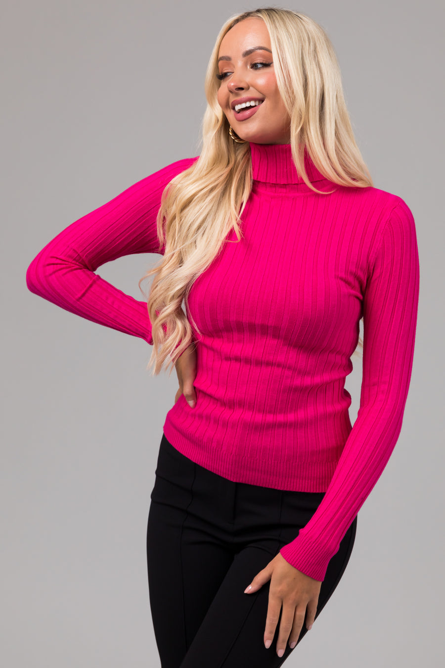 Magenta Turtleneck Long Sleeve Knit Sweater